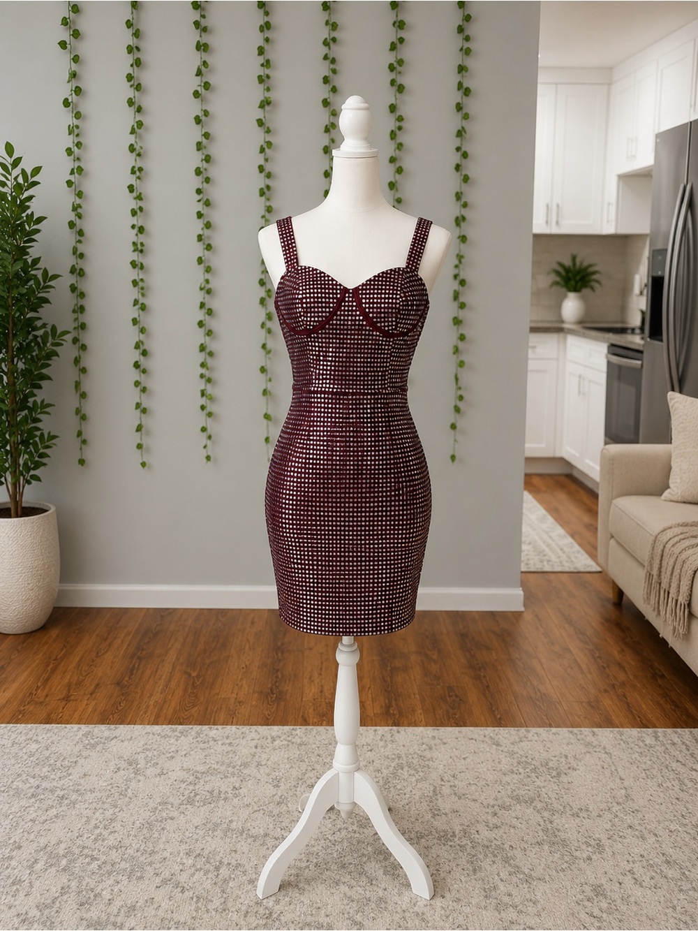 Women's Burgundy Rhinestone Bodycon Dress